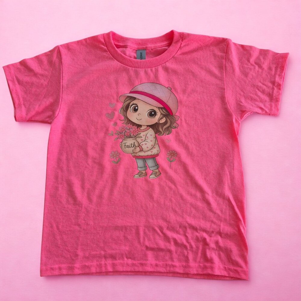 Gildan Youth XS Pink Tee – Sweet Girl with Flowers & Faith Message –  NWT